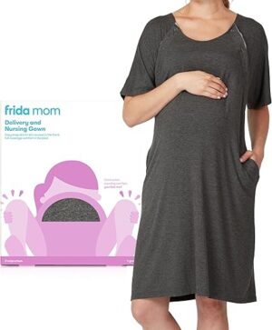 Frida Mom Labor and Delivery Gown For Hospital, Easy-Snap, Tagless Nursing Gown with Skin-to-Skin Access and Full Coverage in The Back Charcoal