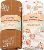 LifeTree Muslin Swaddle Blanket for Baby Girl Newborn, 2-Pack 70% Viscose from Bamboo and 30% Cotton Large Baby Swaddle Blankets (47" x 47"), Floral & Tan Leaf