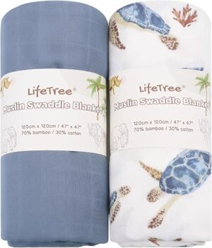 LifeTree Muslin Swaddle Blankets Neutral, Baby Swaddling Wrap Nursery Receiving Blanket for Boys & Girls, Soft 70% Viscose from Bamboo and 30% Cotton, Large 47 x 47 inches, Sea...