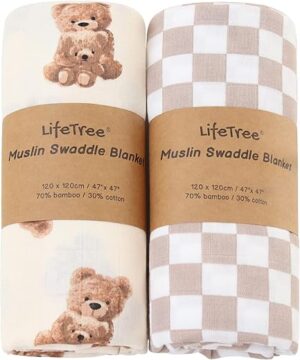 LifeTree Muslin Swaddle Blankets Neutral, Baby Swaddling Wrap Nursery Blanket for Boys & Girls Unisex, Soft 70% Viscose from Bamboo and 30% Cotton, Large 47 x 47 inches, Bear &...