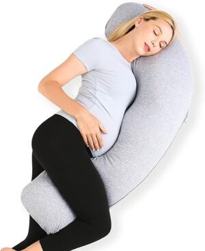 Momcozy Pregnancy Pillows for Side Sleeping, J Shaped Maternity Body Pillow for Pregnancy, Soft Pregnancy Pillow with Jersey Cover for Head Neck Belly Support, Grey