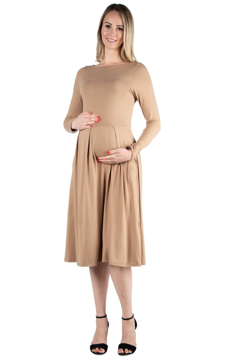 24seven Comfort Apparel Long Sleeve Fit and Flare Maternity Midi Dress