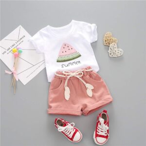 YOUNGER TREE Toddler Baby Girls Clothes Watermelon T-shirt + Linen Shorts with Belt Cute Summer Short Set