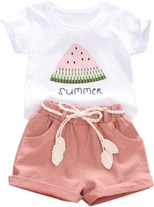 YOUNGER TREE Toddler Baby Girls Clothes Watermelon T-shirt + Linen Shorts with Belt Cute Summer Short Set